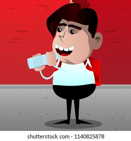 Schoolboy drinking water from a glass bottle. Vector cartoon character illustration.
