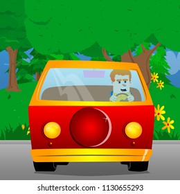 Schoolboy driving. Vector cartoon character illustration.