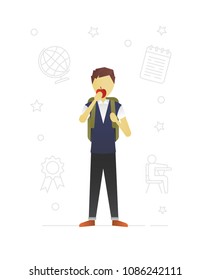 Schoolboy eating apple flat character design. Grade schooler. Boy in school uniform with rucksack. Vector isolated illustration