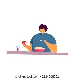 Schoolboy eating breakfast in morning flat vector illustration. Cartoon child starting his day by eating breakfast in kitchen. Everyday life and healthy food concept