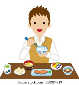 Schoolboy eating Japanese breakfast - Long Sleeved