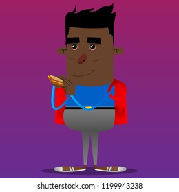 Schoolboy eating a sandwich. Vector cartoon character illustration.