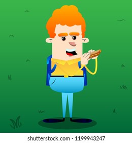 Schoolboy eating a sandwich. Vector cartoon character illustration.