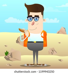 Schoolboy eating a sandwich. Vector cartoon character illustration.