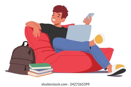 Schoolboy Engrossed In Studies, Toggling Between Smartphone And Laptop. Tech-savvy Multitasker, Blending Traditional Education With Digital Tools For A Dynamic Learning Experience. Vector Illustration