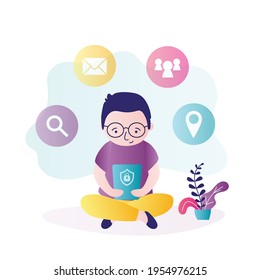 Schoolboy Entertained With Smartphone. Concept Of Parental Control And Safe Internet. Parents Protect Child From Inappropriate Content. Restricted Access For Children. Flat Vector Illustration