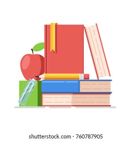 Schoolboy equipment, school lunch vector concept, stack of book flat illustration