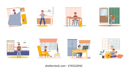 Schoolboy everyday activities daily life schedule scene set. Boy sleep in bed, brush teeth, study in classroom, hurry on lesson, have lunch at school canteen, play videogame and guitar at home