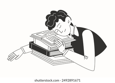 A schoolboy fell asleep on top of a pile of books in black and white illustration