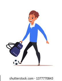 Schoolboy flat vector illustration. Schoolkid going home after classes. Boy carrying backpack, playing football. Cheerful naughty schoolchild cartoon character. Pupil going to school