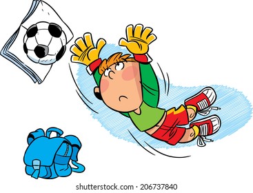 Schoolboy footballer after school playing with soccer ball. Illustration done in cartoon style, on separate layers.