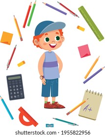 Schoolboy fun red-haired boy surrounded by subjects related to study. Stationery. Multicolored vector illustration. Pencils, calculator, ruler, etc.