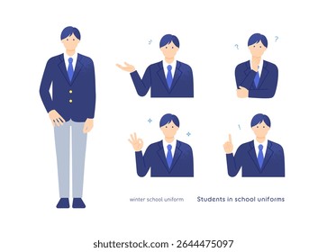 Conjunto de gestos para estudantes — OK, preocupado, apontando — Blazer Uniform Vetor