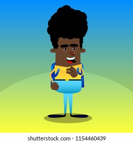 Schoolboy gesturing a small amount with hand. Vector cartoon character illustration.