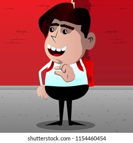 Schoolboy gesturing a small amount with hand. Vector cartoon character illustration.