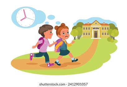 Schoolboy and girl run to school because they are late for class. Happy young pupils hurry. Cute children rushing to lessons. Kids with backpack. Cartoon flat isolated