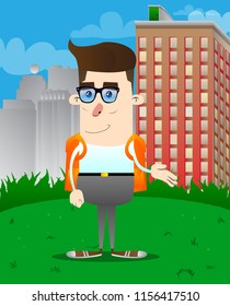 Schoolboy giving a hand. Vector cartoon character illustration.