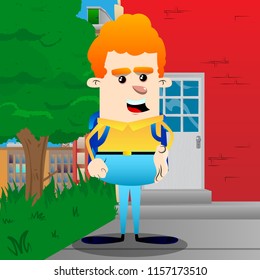 Schoolboy giving a hand. Vector cartoon character illustration.