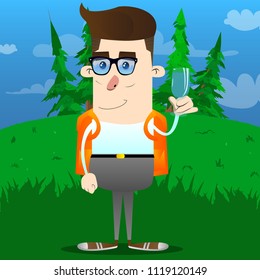 Schoolboy with a glass of water. Vector cartoon character illustration.