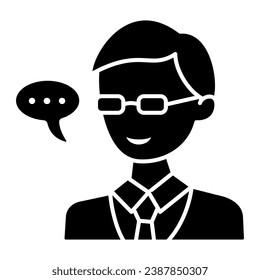 Schoolboy in glasses, student, speech balloon solid icon, education concept, pupil vector sign on white background, glyph style icon for mobile concept and web design. Vector graphics
