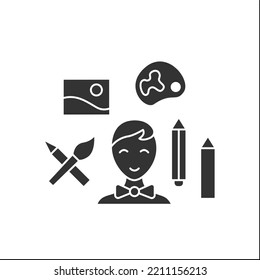 Schoolboy glyph icon. Back to school. Happy student draw. Imagination. Draw with pencils. Education concept. Filled flat sign. Isolated silhouette vector illustration