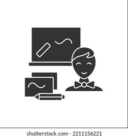 Schoolboy-Glyph-Symbol Zurück zur Schule. Gute Schüler lernen Schulfächer. Schreiben Sie an die Tafel. Erziehungskonzept.Ausgefülltes Flachzeichen. Isolierte Silhouette, Vektorgrafik