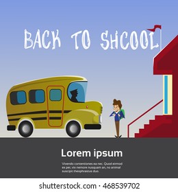Schoolboy Go To Yellow School Bus Flat Vector Illustration
