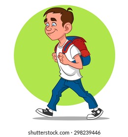 schoolboy goes to school. Vector illustration.