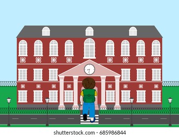 Schoolboy goes to school. Vector illustration back to school.