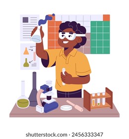 Schoolboy goes science in chemistry lab. Student does chemical experiment, school project. Kid inventor works with tubes, microscope in laboratory. Funny scientific education. Flat vector illustration