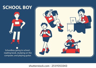 Aluno indo à escola , lendo livro, estudando no 
computador, e tocando guitarra.

