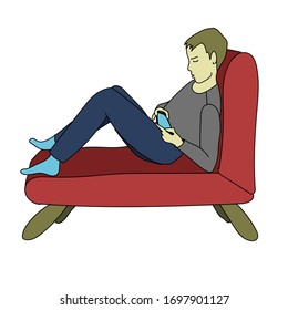 Schoolboy in grey hoodie is sitting on the sofa, playing video games in his telephone on coronavirus quarantine. Vector stock illustration in cartoon style.