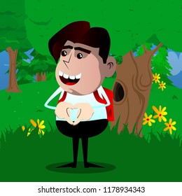 Schoolboy with heart shape hand gesture. Vector cartoon character illustration.