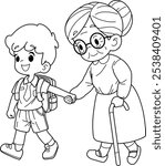 Schoolboy help the old woman cross the road.cartoon coloring page vector illustration isolated on white background.outline