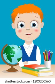 Schoolboy at his Desk. Vector.