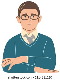 A schoolboy with his hands folded in front of him.