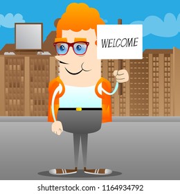 Schoolboy holding a banner with welcome text. Vector cartoon character illustration.