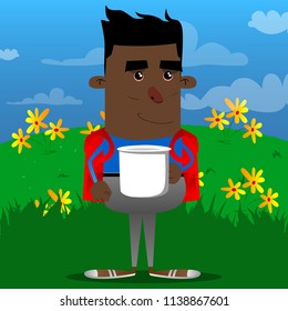 Schoolboy holding big mug. Vector cartoon character illustration.