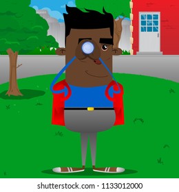 Schoolboy holding binoculars in his hands. Vector cartoon character illustration.