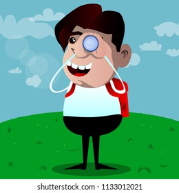 Schoolboy holding binoculars in his hands. Vector cartoon character illustration.