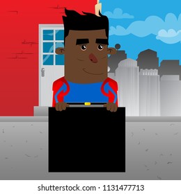 Schoolboy holding blank black sign. Vector cartoon character illustration.