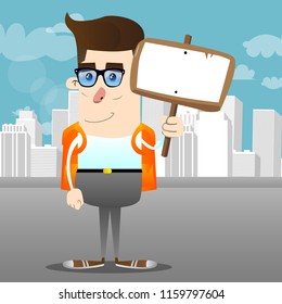 Schoolboy holding blank sign. Vector cartoon character illustration.