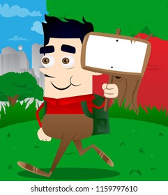 Schoolboy holding blank sign. Vector cartoon character illustration.