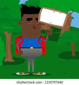 Schoolboy holding blank sign. Vector cartoon character illustration.