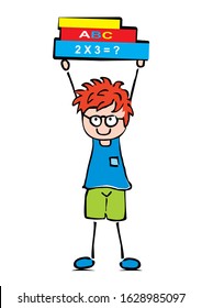 Schoolboy holding a book over his head. Happy kid learns mathematics and literature. Funny vector illustration for education.