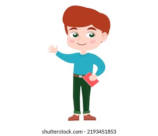 A schoolboy holding a book and waving his hand