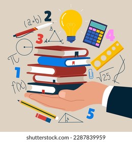 Schoolboy holding books. Maths elements on a stack of books. Study abroad world education curriculum. Flat vector illustration