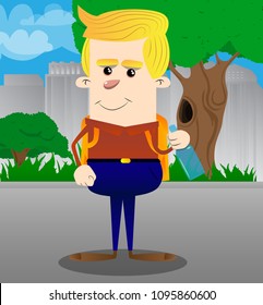 Schoolboy holding a bottle. Vector cartoon character illustration.