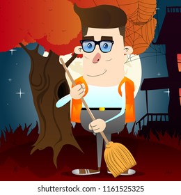 Schoolboy holding a broom. Vector cartoon character illustration.
