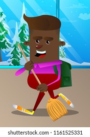 Schoolboy holding a broom. Vector cartoon character illustration.